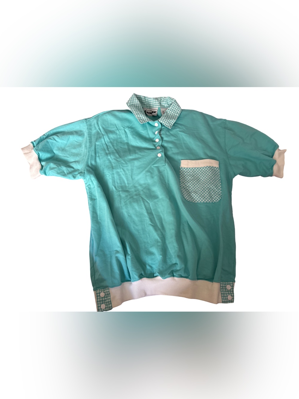 Catalina Teal Polo Top with White Trim and Gingham Accents